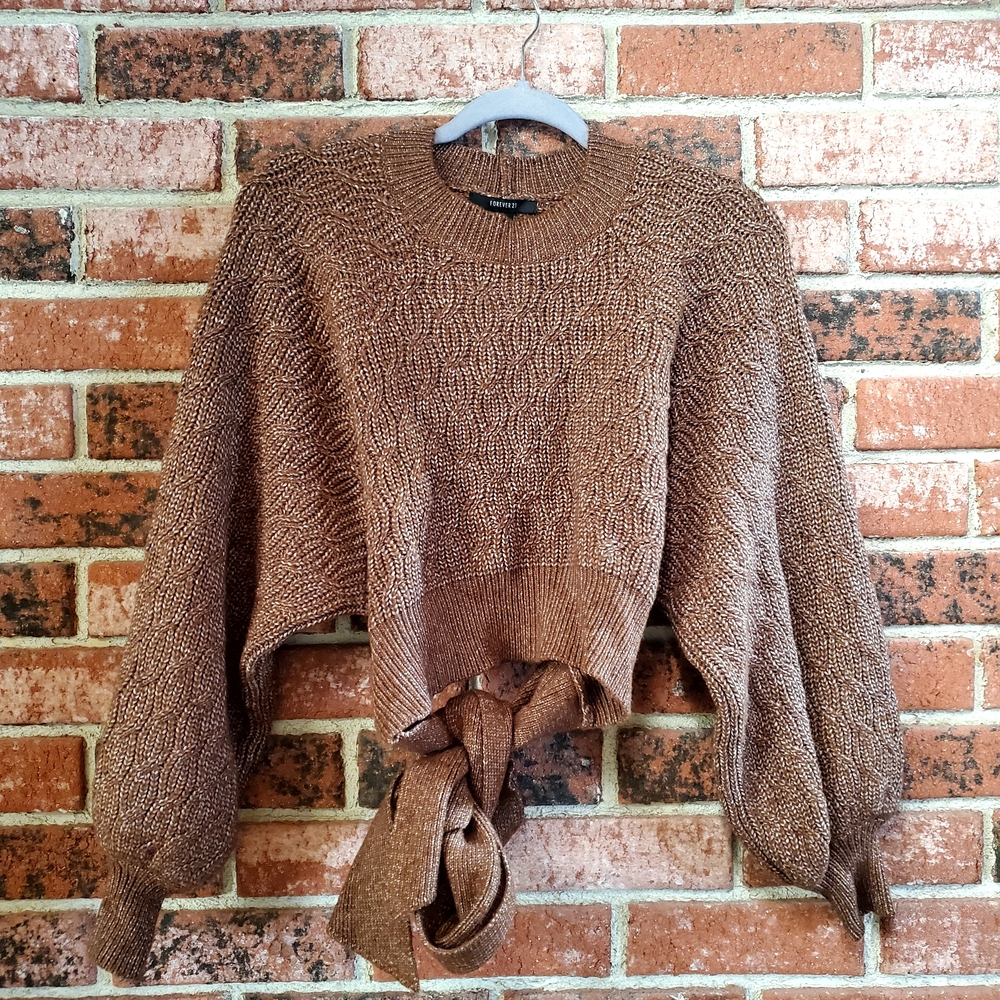 Forever 21 Cropped Open Back Bow Brown Sweater